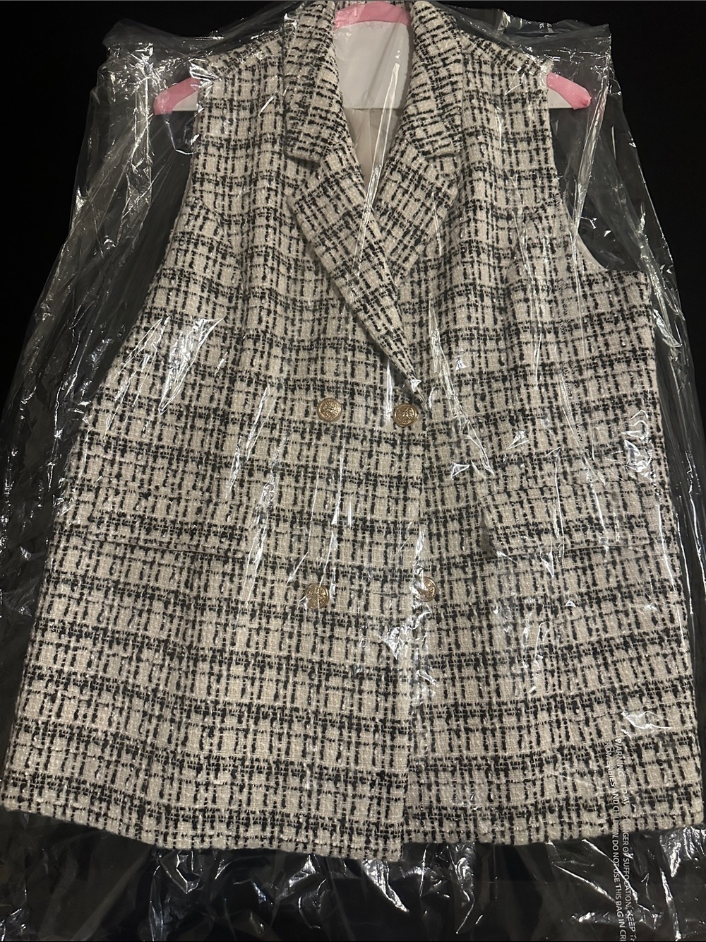 Womens Tweed Double-Breasted Vest Jacket - Cream/Black